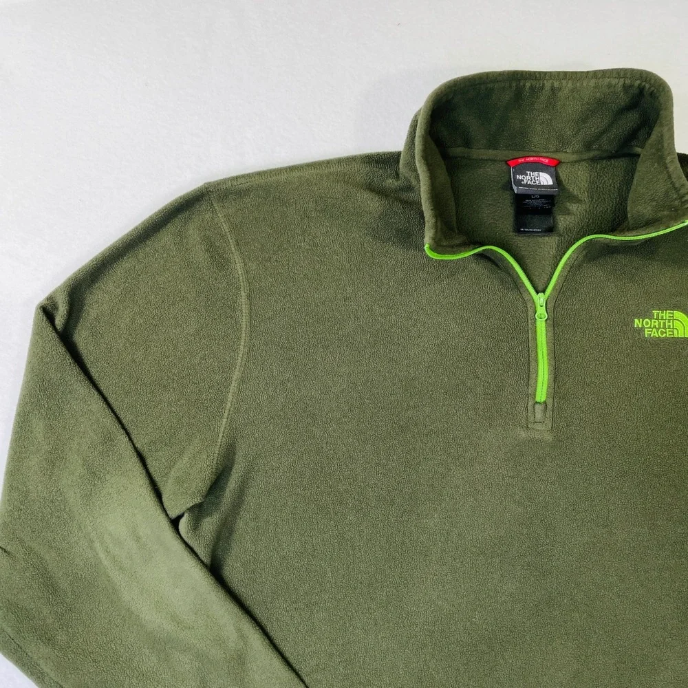 The North Face Mens L TKA 100 1/4 Zip Fleece Pullover Olive Green Neon Lime Logo